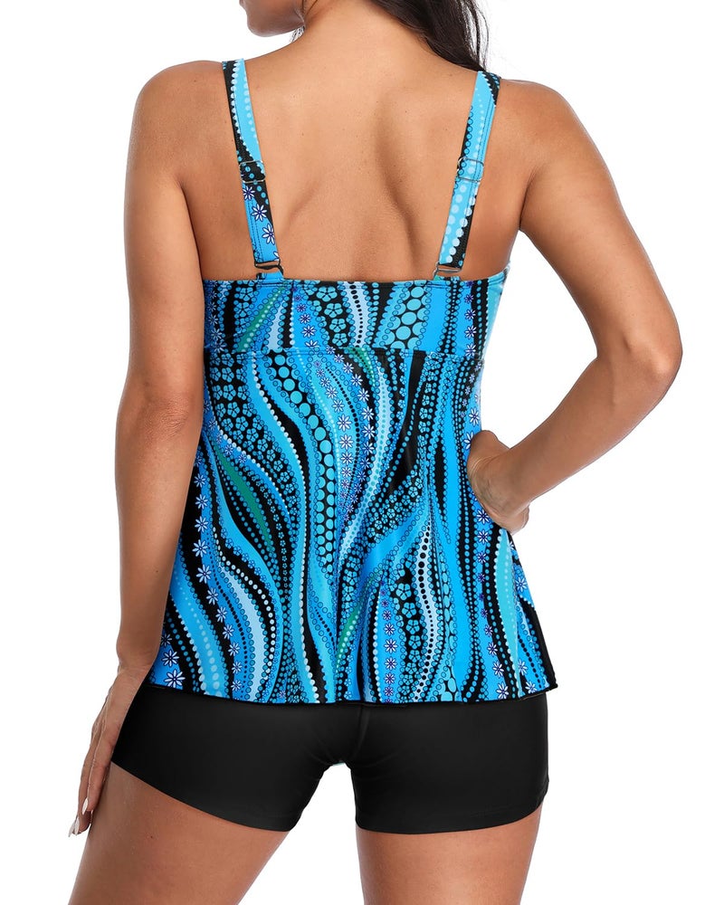 Yonique Women 2 Piece Flowy Tankini Swimsuits with Boyshorts V Neck Swim Tank Tops Bathing Suits Modest Swimwear Blue Ripples L - Image 2
