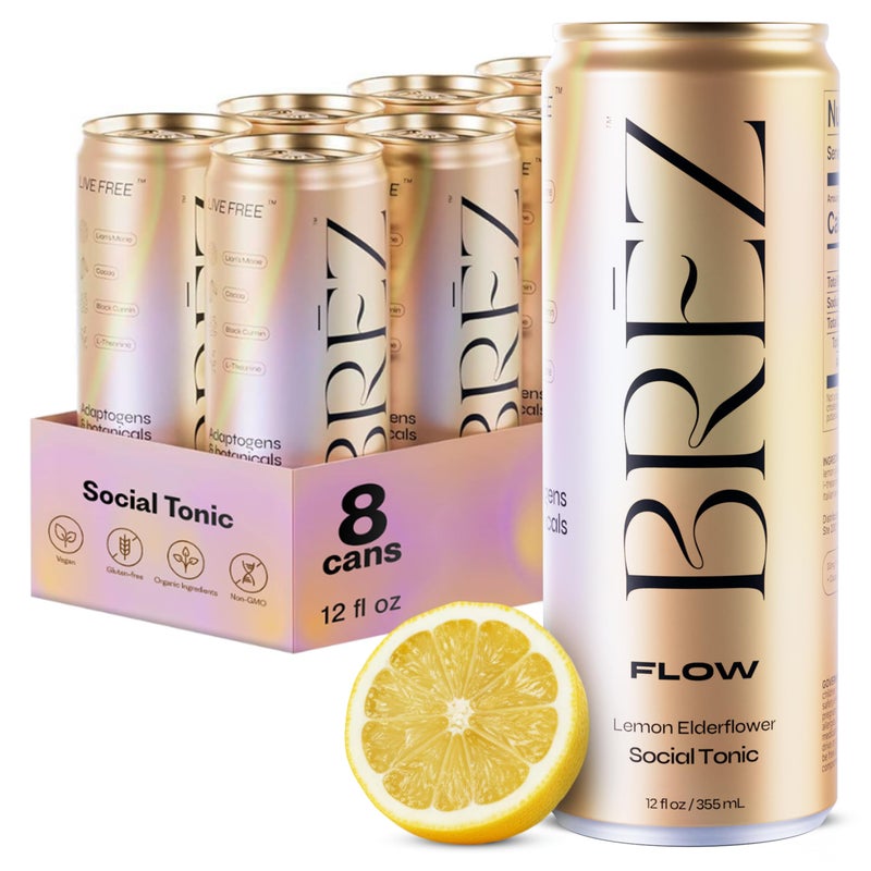 BREZ BRZ FLOW Lions Mane Mushroom Drink 8 Pack Lemon Elderflower Supports Mood Focus NonAlcoholic Sparkling Adaptogen Drink Functional Mushrooms Feel Clear Calm Refreshed 12 Fl oz Cans - Image 3