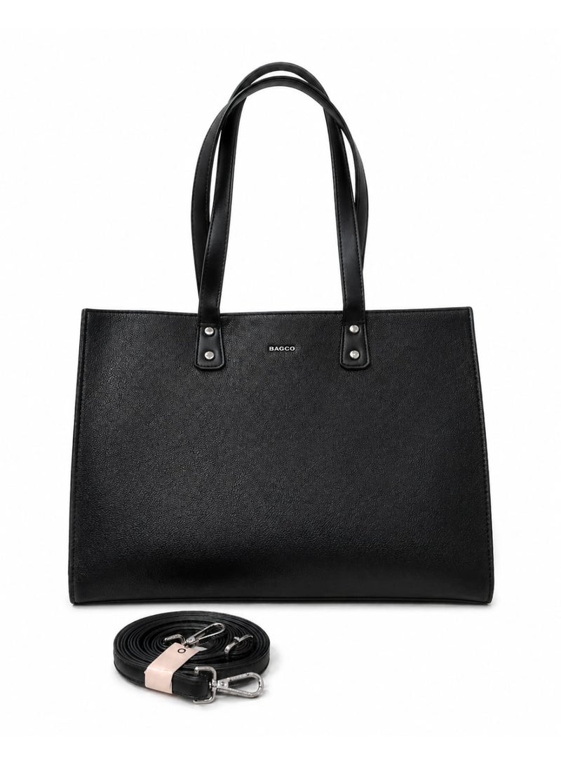 BAGCO Women’s Classic Black Handbag – Large PU Leather Tote with Long Handles & Crossbody Strap - Image 1