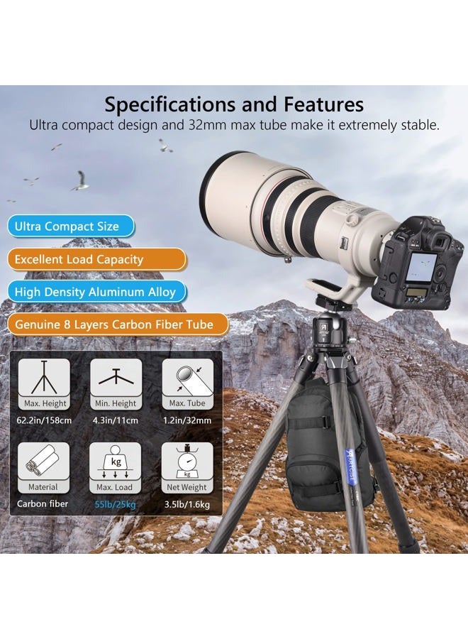 ARTCISE Carbon Fiber Tripod with 52mm Low Profile Ball Head and Stone Bag Heavy Duty Travel Camera Stand for Canon Sony Nikon DSLR Camcorder,Max Load 55lbs(Extra Gift:Stone Bag, Magic arm,Phone Clip) - Image 3