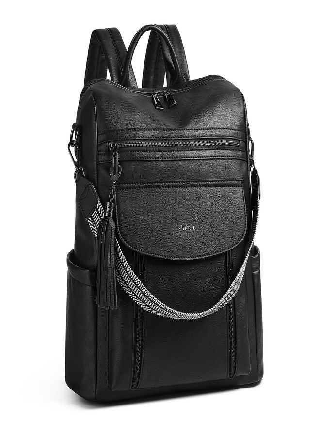 Shrrie 15.6 inch Laptop Backpack for Women,leather backpack purse,Travel Backpack Carry on, Two-tone Black, 15.6inch, Daypack Backpacks - Image 1