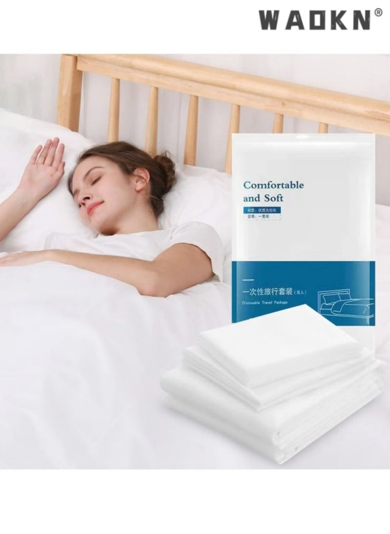 WAOKN 4 Pcs Travel  Thickened Disposable Bed Sheets Set , Travel Double Models Portable Non-Woven Bedspread Duvet Cover and Pillowcase Set, Suitable for Hotels, Camping and Overnight Stays  - Image 1