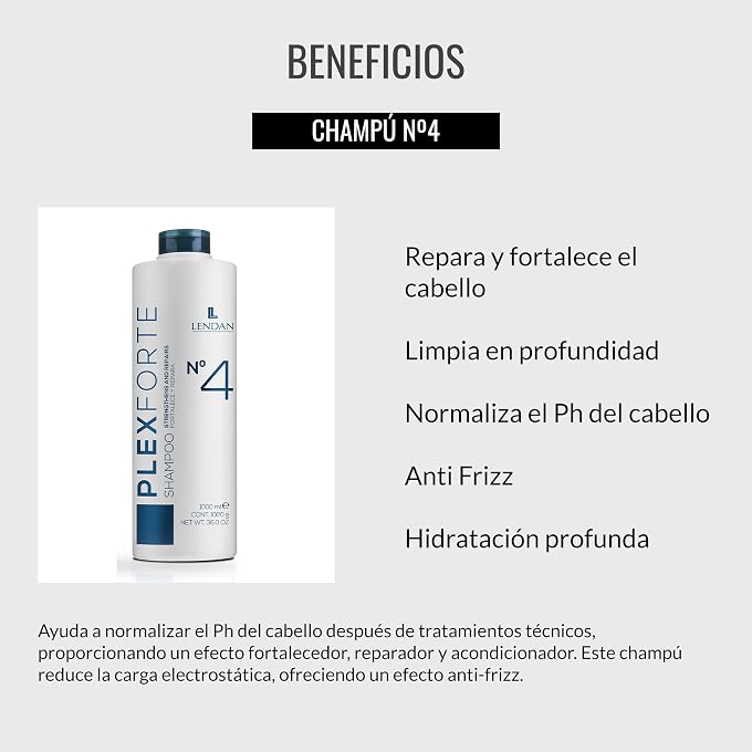 Lendan Repair Shampoo Plex Forte N4 Shampoo 1000 ml Repairs and Strengthens Hair Deep Cleanses Normalizes Hair pH Anti-Frizz Deep Hair Hydration - Image 3
