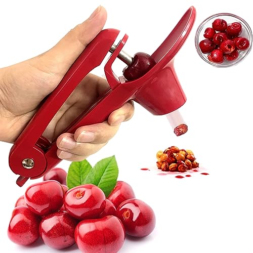 Honbuty Cherry Pitter, Heavy-Duty Stainless Steel Olive and Cherry Pitters Corer Tool with Space-Saving Lock Design, Multi-Function Cherries Stoner Seed Remover Tool for Making Cherry Jam (Red) - Image 1