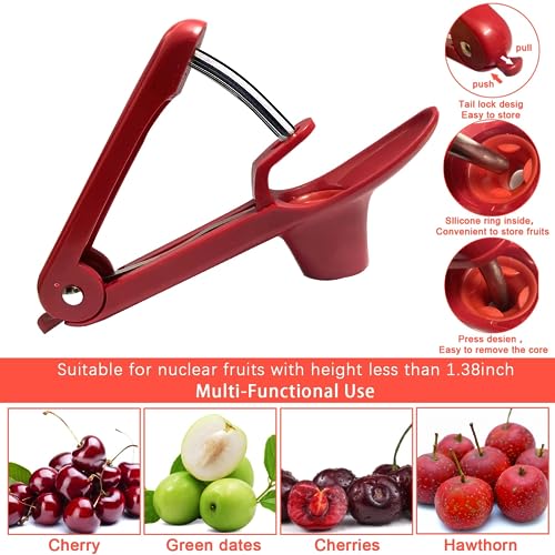 Honbuty Cherry Pitter, Heavy-Duty Stainless Steel Olive and Cherry Pitters Corer Tool with Space-Saving Lock Design, Multi-Function Cherries Stoner Seed Remover Tool for Making Cherry Jam (Red) - Image 3