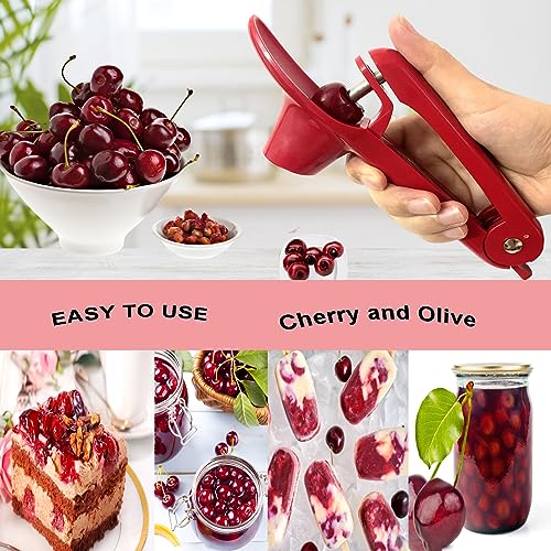 Honbuty Cherry Pitter, Heavy-Duty Stainless Steel Olive and Cherry Pitters Corer Tool with Space-Saving Lock Design, Multi-Function Cherries Stoner Seed Remover Tool for Making Cherry Jam (Red) - Image 2