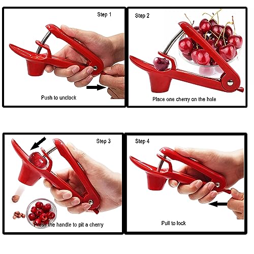 Honbuty Cherry Pitter, Heavy-Duty Stainless Steel Olive and Cherry Pitters Corer Tool with Space-Saving Lock Design, Multi-Function Cherries Stoner Seed Remover Tool for Making Cherry Jam (Red) - Image 4