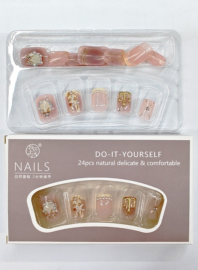 نيبمينينت 24 قطعة أظافر صناعية، أظافر صناعية في علبة، أظافر صناعية قصيرة ذات رأس مسطح بلون وردي أبيض لامع، زركون، لؤلؤ، قطرات شمع متدفقة على شكل أرنب، رقعة أظافر صناعية - Image 3
