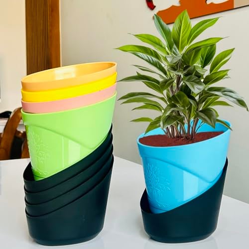 TechHark® 5 Pcs Self Watering Cross Pots with Tray for Home & Decoration Planters, Terrace, Garden Plant Container Set (5 Pcs Cross Pot) - Image 1