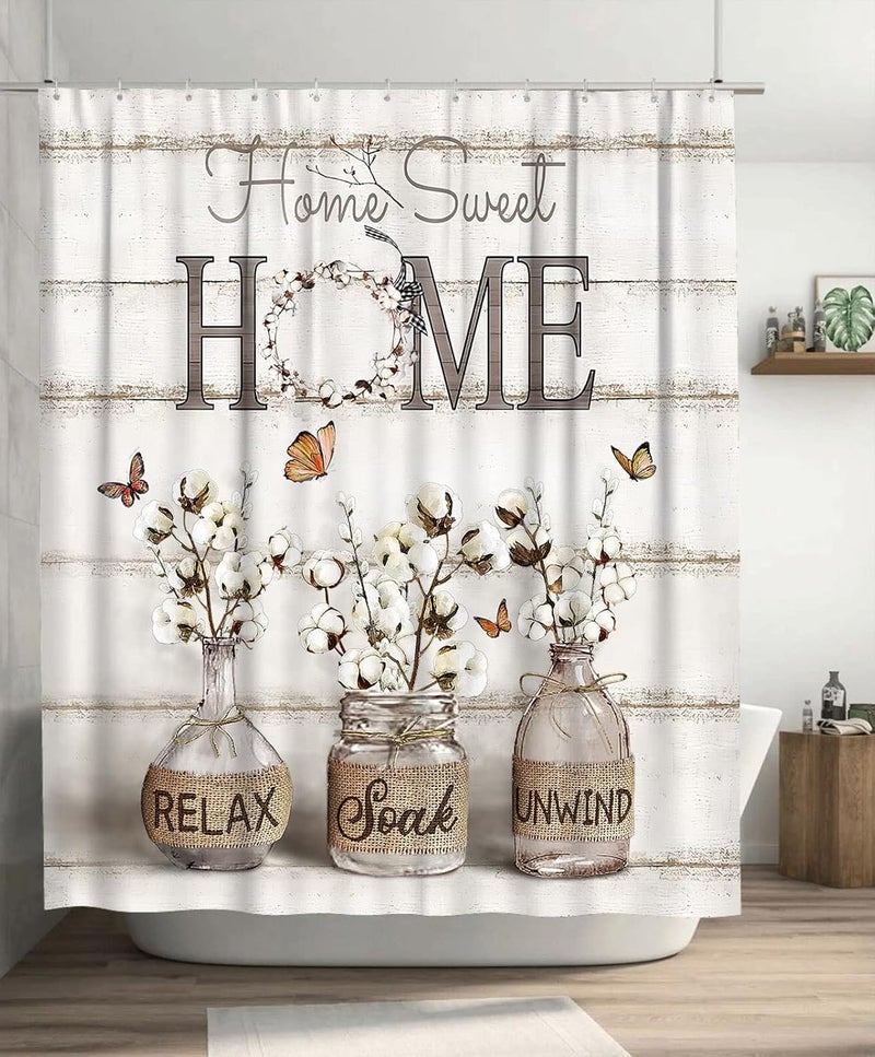 Tijuboni Farmhouse Shower Curtain Cotton Flowers Shower Curtains for Neutral Country Bathroom Decor Rustic Shower Curtain Set Waterproof Polyester Fabric 60 x 72 Inch - Image 1