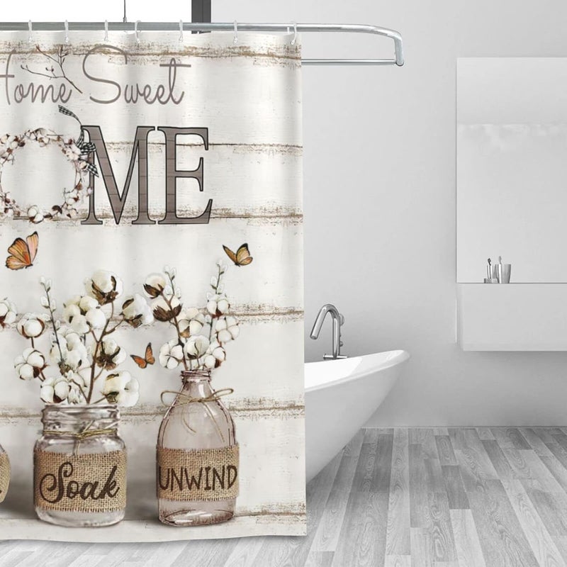 Tijuboni Farmhouse Shower Curtain Cotton Flowers Shower Curtains for Neutral Country Bathroom Decor Rustic Shower Curtain Set Waterproof Polyester Fabric 60 x 72 Inch - Image 2