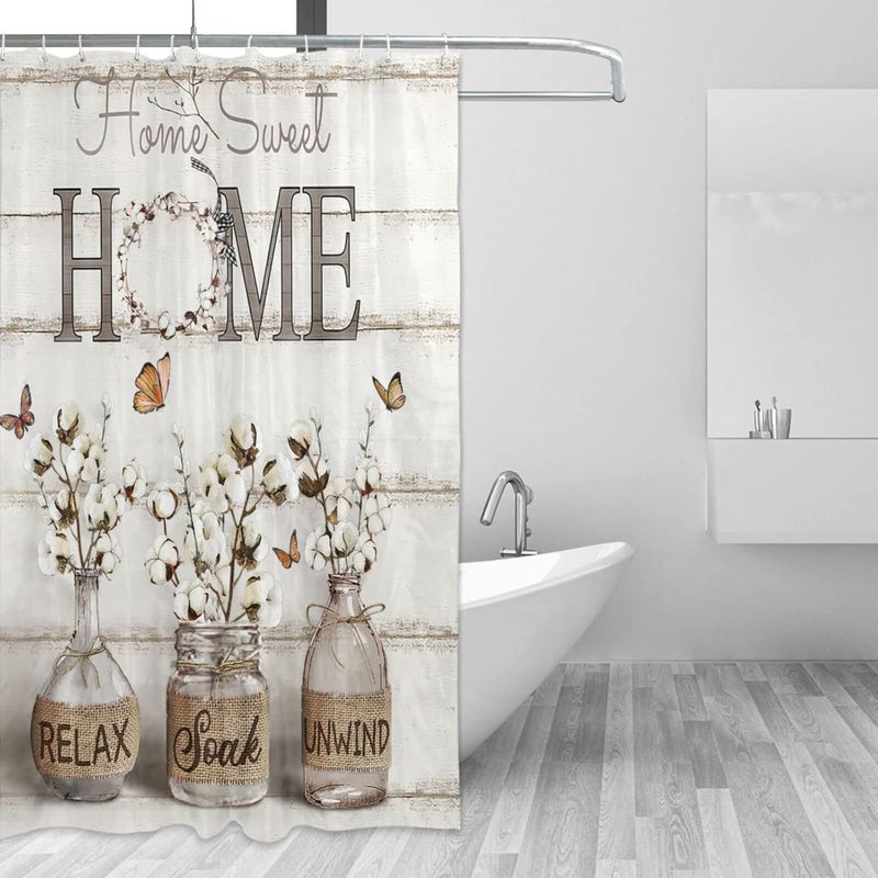 Tijuboni Farmhouse Shower Curtain Cotton Flowers Shower Curtains for Neutral Country Bathroom Decor Rustic Shower Curtain Set Waterproof Polyester Fabric 60 x 72 Inch - Image 3