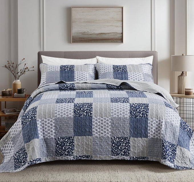 NAVY BLUE GRAY KING SIZE QUILT SET 3 PIECE QUILTED BEDSPREAD SET PATCHWORK PLAID BEDDING COMFORTER SET REVERSIBLE LIGHTWEIGHT MICROFIBER BED SPREAD COVERLET SET FOR ALL SEASONS