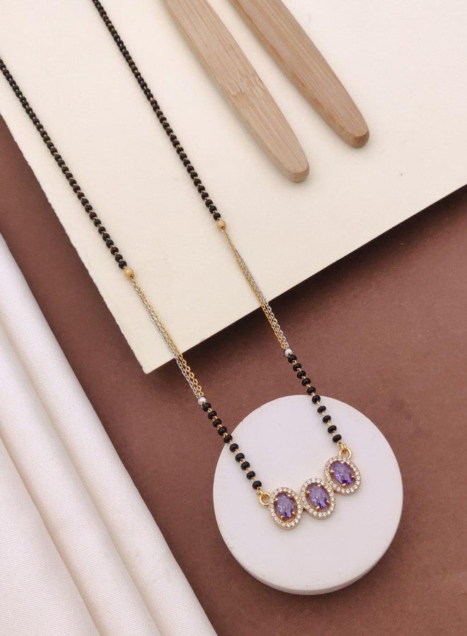sweeply Elegant Three Purple Stone Mangalsutra with Black Beads & Chain | Daily, Wear Traditional Jewellery for Women | Wedding and Anniversary Jewelry, Birthday Gift, Valentine Mangalsutra for Wife, New Year and Diwali Gift, Karwachauth Special - Image 2