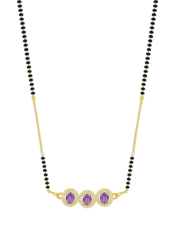 sweeply Elegant Three Purple Stone Mangalsutra with Black Beads & Chain | Daily, Wear Traditional Jewellery for Women | Wedding and Anniversary Jewelry, Birthday Gift, Valentine Mangalsutra for Wife, New Year and Diwali Gift, Karwachauth Special - Image 1