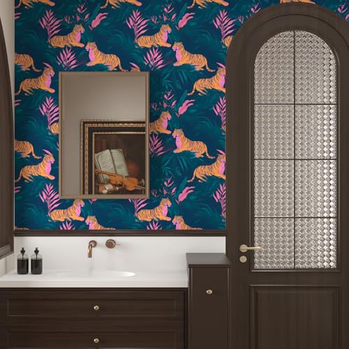 BOKEBEVE Vintage Wallpaper Peel and Stick Tropical Tiger Contact Ppaer Renter Friendly Wall Paper for Bedroom Bathroom Cabinet Self Adhesive Removable 17.5 x 393.5In - Image 2