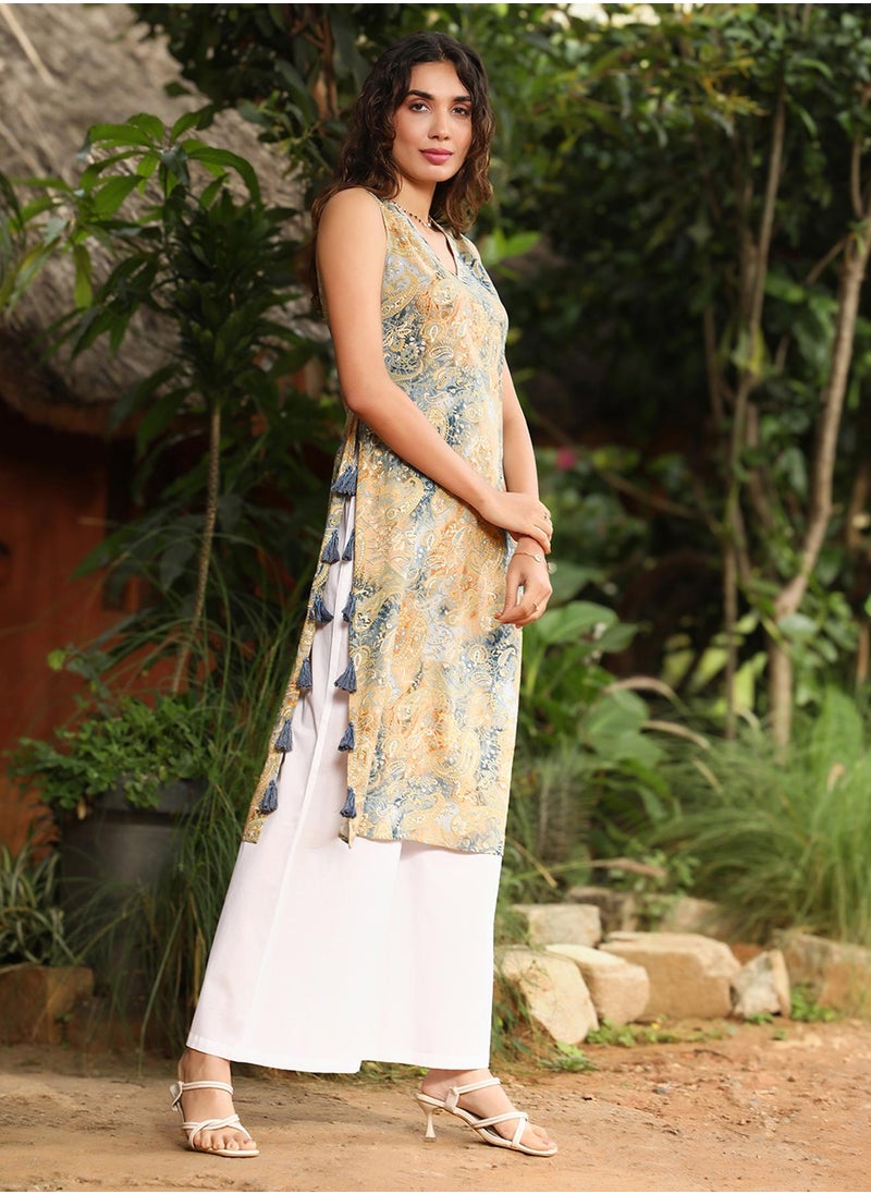  قصة Women's Buff Beige & Ash Grey Rustic Tassel Kurta Set  - Image 3