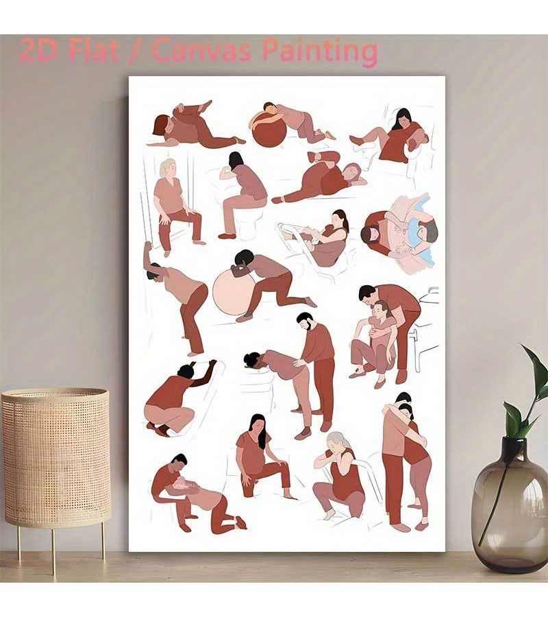 2D Flat Retro Rolled Canvas Oil Painting Wall Art Unframed 23.6x35.4 Inch Labor and Delivery Positions Educational Material for Childbirth Education Pushing Guide for Doulas Pregnant Women High Quality Print Health Illustration New Parents - Image 1