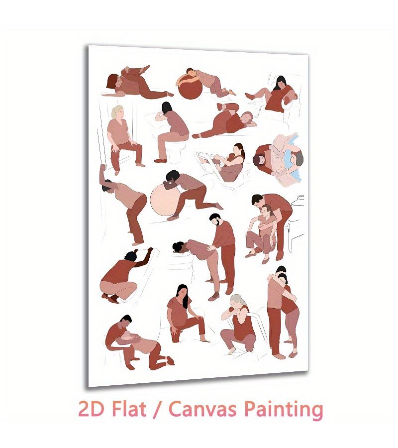 2D Flat Retro Rolled Canvas Oil Painting Wall Art Unframed 23.6x35.4 Inch Labor and Delivery Positions Educational Material for Childbirth Education Pushing Guide for Doulas Pregnant Women High Quality Print Health Illustration New Parents - Image 3