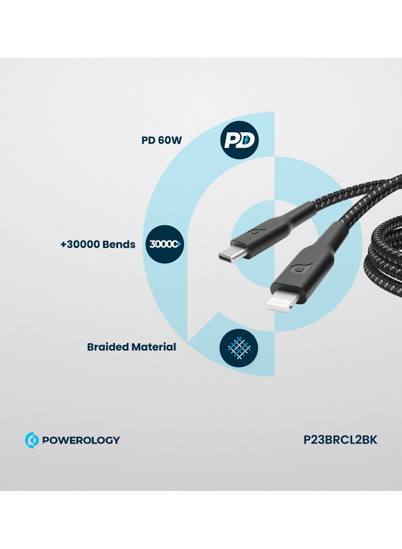 Braided Type-C to Lightning Cable with 2M  PD 60W / Fast Data Transfer / Fasti Charging Cable / Made For iPhone,iPad  / Durable Cable /  MFI Approved Connector - Black - Image 3
