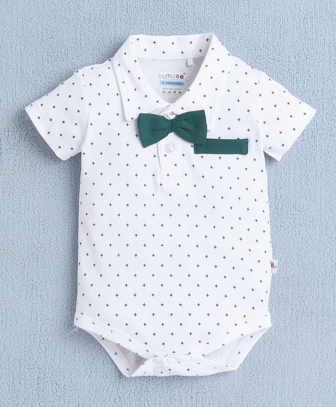 BUMZEE Baby Boys Cotton Bodysuit & Short Set With Bow Suspender & Cap White & Bottle Green - 3-6 Months - Image 2