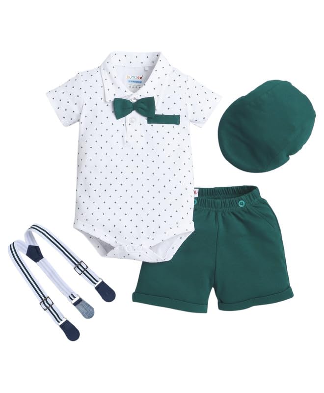 BUMZEE Baby Boys Cotton Bodysuit & Short Set With Bow Suspender & Cap White & Bottle Green - 3-6 Months - Image 1