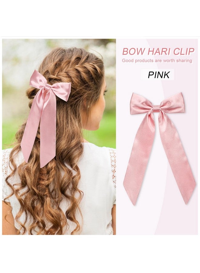 WantGor Long Tail Bow Hair Clips, Hair Ribbon Bows Satin Bowknot Clip Large Hair Barrettes Cute Ponytail Holder Hair Accessories For Women Daily Party Wedding Prom (Pink) - Image 2