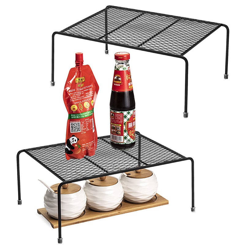 Lonian Kitchen Cupboard Organiser  2 Pack  Home and Kitchen Storage Shelf Wire Rack for Kitchen Cabinets CounterTops Pantries Food and Utensils Black