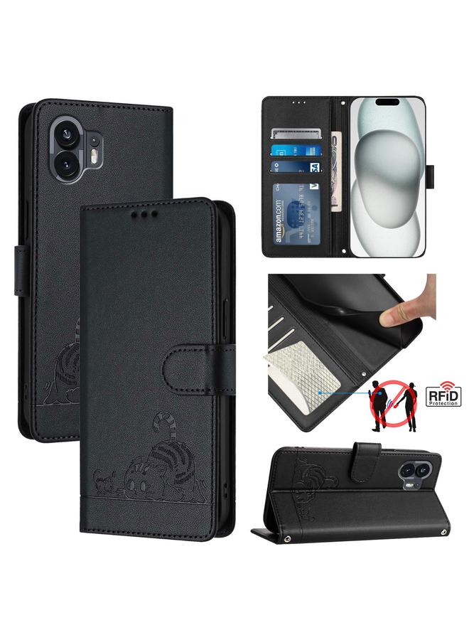 S-TOP Case For Nothing Phone 2A Cat Rat Embossed Pattern RFID Leather Phone Case with Lanyard - Image 1