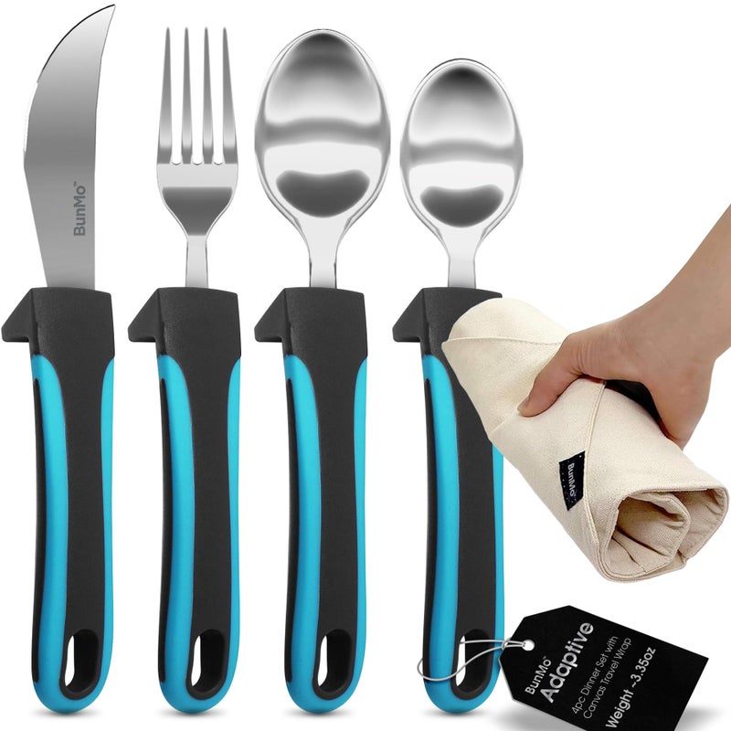 BUNMO Utensils for Elderly Arthritis Weak Hand Grip Tremors Handicapped Convenient Travel Pouch 335oz Lightweight Stainless Steel Eat Independently Adaptive Blue 4 Piece Set