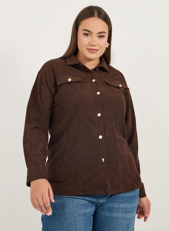 Styli Plus Size Chest Pocket Corduroy Shirt with Metal Buttons - Image 1