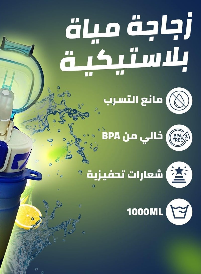 1000ml Healthy Plastic Sports Water Bottle with Time Markers and Motivational Markers, Reusable and Leak Proof, Perfect for Men and Women for Gym, Soccer, Outdoor Activities, School, Fitness, and Work Milk and Juice, Multi-Purpose Healthy Gym Clear Water Bottle for Gym and School - Leak Proof Water Bottle - Clear Water Bottle with Time Markers - Water and Juice Bottle for School