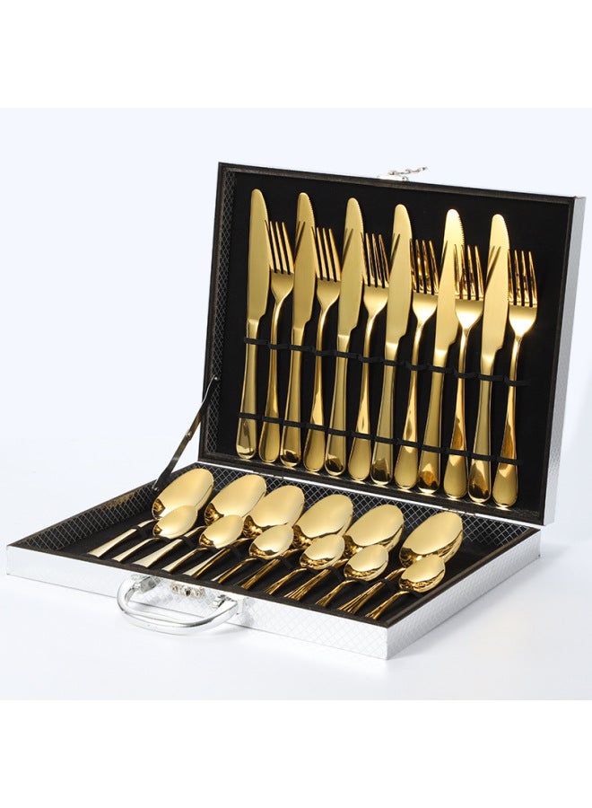 Stainless Steel 1010 Cutlery Set 24 Pieces Titanium Coated Western Dining Utensils Gift Box Set Export Gifts-Color:Gold 24-piece Set-silver Box  - Image 1