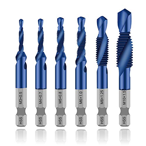 ASDTODW 6 Packs Combination Drill & Taps Bit Set, Screw Tapping in 6 Sizes Metric Thread M3 M4 M5 M6 M8 M10 with Nano Blue Coating， Hex Shank - Image 1