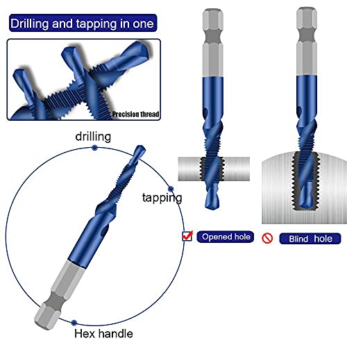 ASDTODW 6 Packs Combination Drill & Taps Bit Set, Screw Tapping in 6 Sizes Metric Thread M3 M4 M5 M6 M8 M10 with Nano Blue Coating， Hex Shank - Image 4