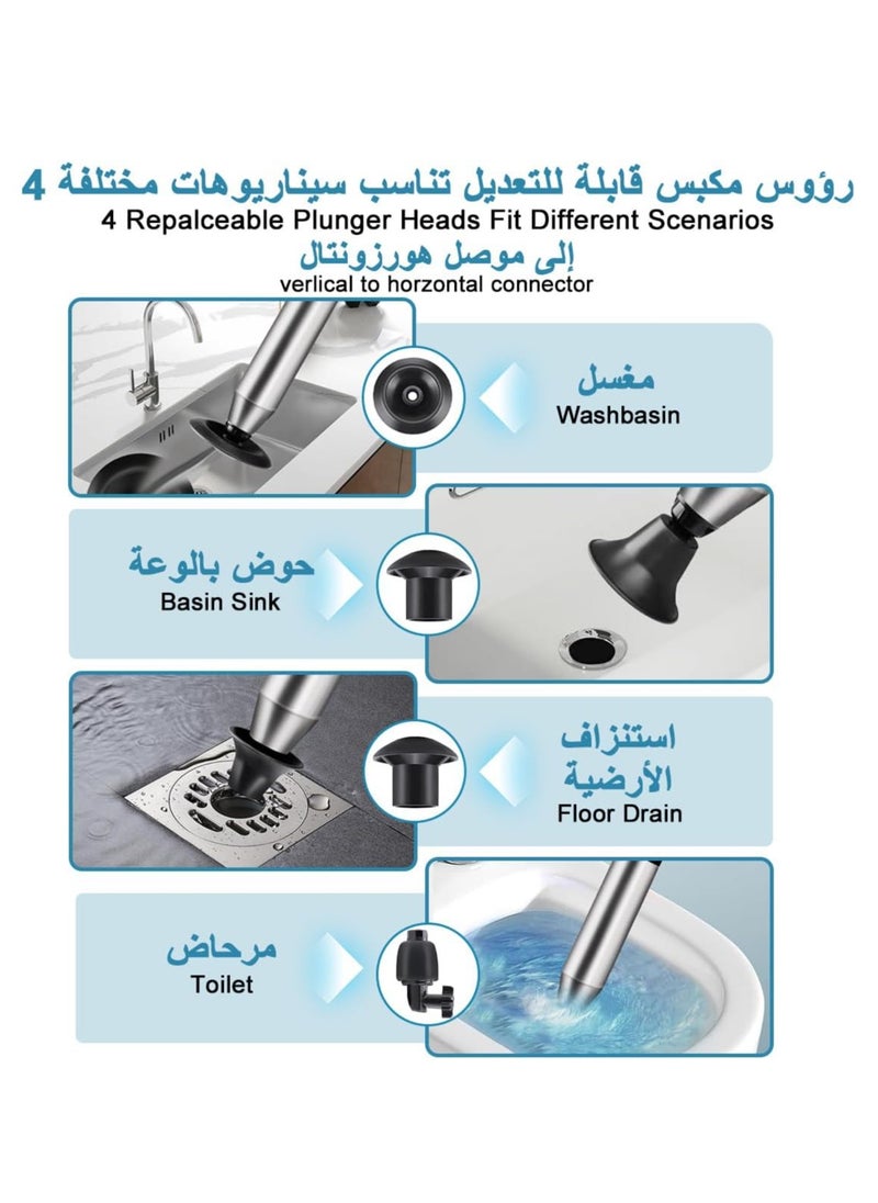 KIIUMI - Toilet Plunger Stainless Steel High Pressure Plunger Kit with 5 Pcs Clog Remover Head, Air Drain Toilet Unclogger Multi Power Plunger with Visual Barometer for Toilets Sinks Shower Drains Floor Drains - Image 1