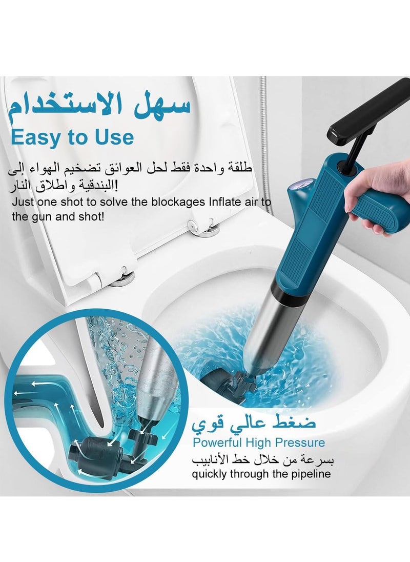 KIIUMI - Toilet Plunger Stainless Steel High Pressure Plunger Kit with 5 Pcs Clog Remover Head, Air Drain Toilet Unclogger Multi Power Plunger with Visual Barometer for Toilets Sinks Shower Drains Floor Drains - Image 1
