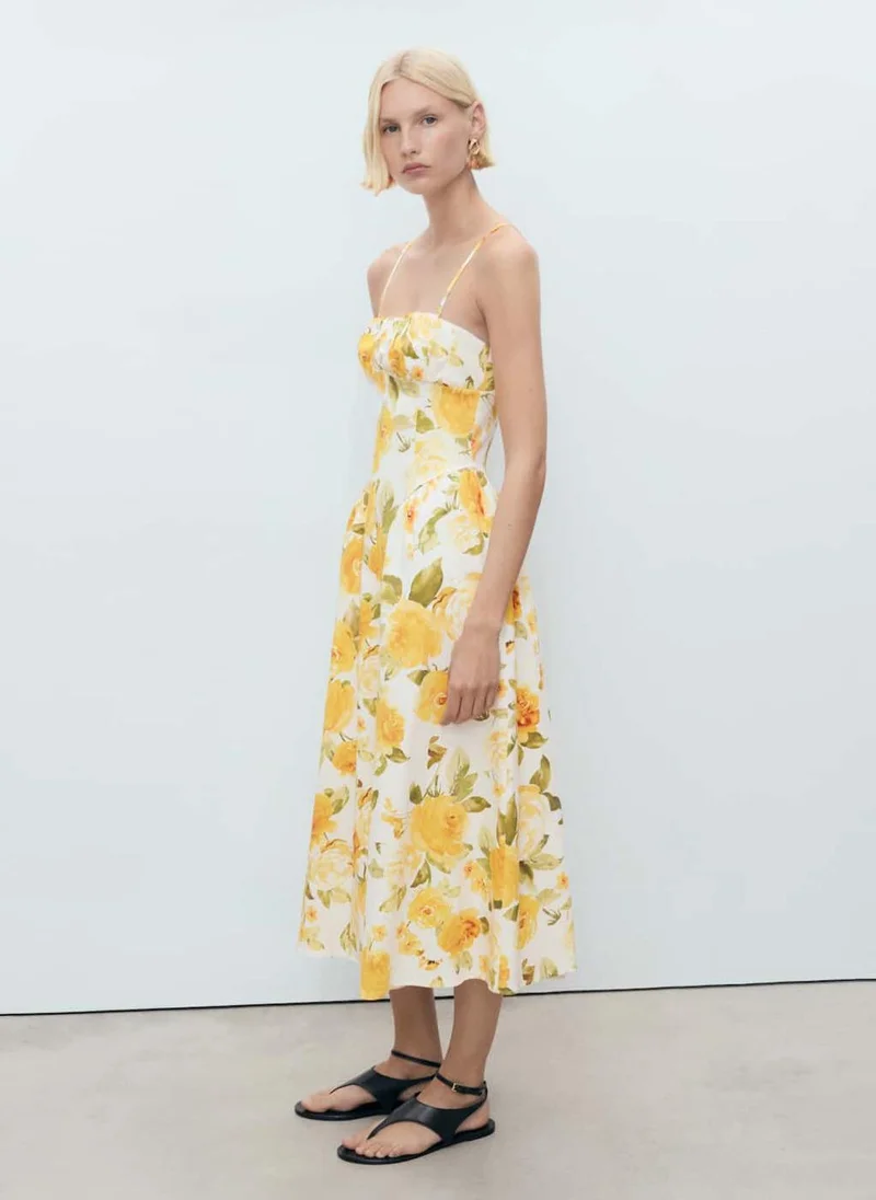 MANGO Floral Midi-Dress With Gathered Neckline