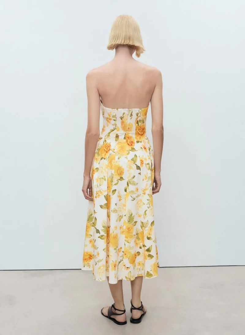 MANGO Floral Midi-Dress With Gathered Neckline