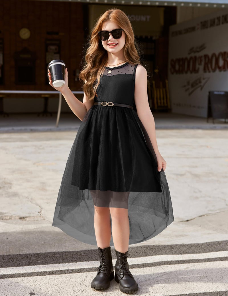 Arshiner Church Dresses for Girls Tween Formal Summer Funeral Graduation Tulle Sundress Black - Image 4