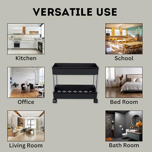 PULSBERY Plastic Multipurpose Storage Organizer Slim Rack Shelf with Wheels or Living Room or Office or Bed Room, Bath Room, Kids Room, Kitchen Trolley (Black, 2 Layer) - Image 3