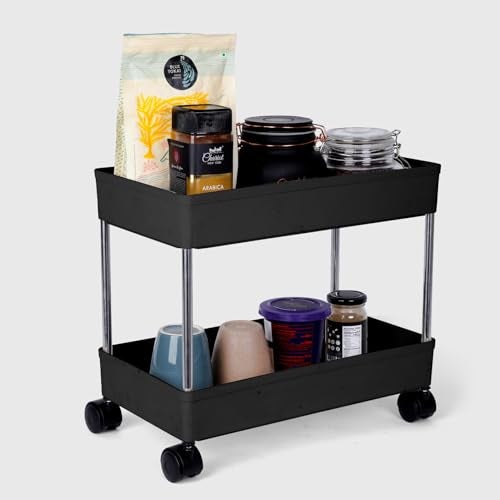 PULSBERY Plastic Multipurpose Storage Organizer Slim Rack Shelf with Wheels or Living Room or Office or Bed Room, Bath Room, Kids Room, Kitchen Trolley (Black, 2 Layer) - Image 1