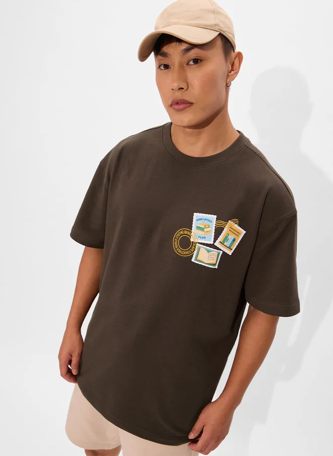 The Souled Store Men Coffee Brown Printed Cotton Oversized T-Shirt