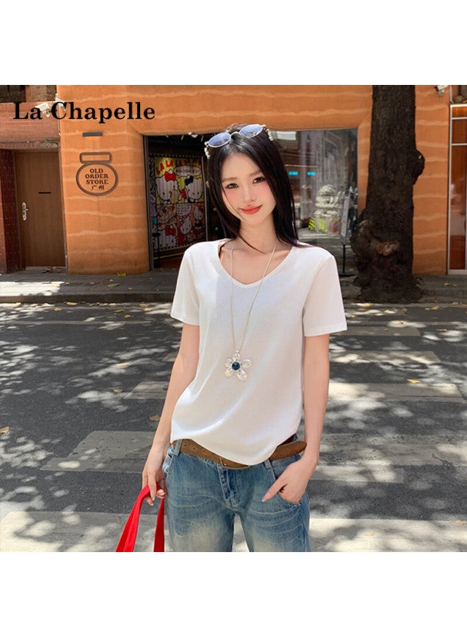 La Chapelle New Fashion Versatile High-quality Snowflake Cotton V-neck Solid Loose Short Sleeve T-shirt Women Base Shirt Gray M - Image 1