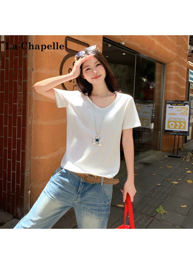 La Chapelle New Fashion Versatile High-quality Snowflake Cotton V-neck Solid Loose Short Sleeve T-shirt Women Base Shirt Gray M - Image 3