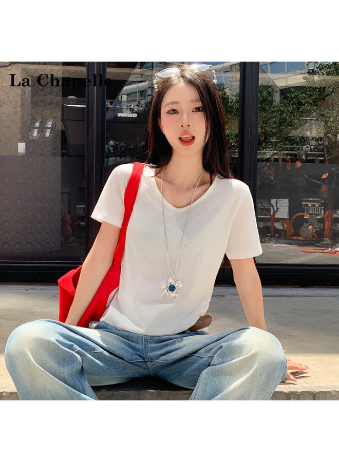 La Chapelle New Fashion Versatile High-quality Snowflake Cotton V-neck Solid Loose Short Sleeve T-shirt Women Base Shirt Gray M - Image 2