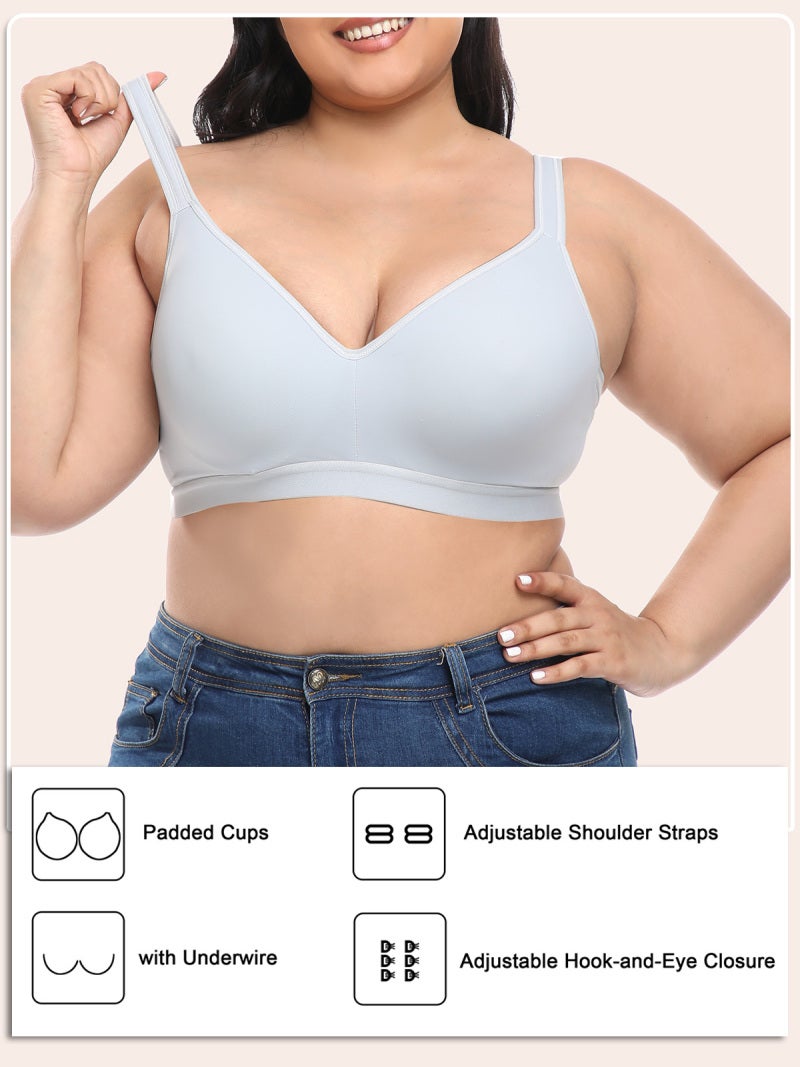 Big Size Bra 34D Light Blue: Soft Thin Padded Full Coverage Cups With Underwire - Adjustable X-Back Straps Solid Bra for Curvy Women Seeking Comfortable Support - Image 3