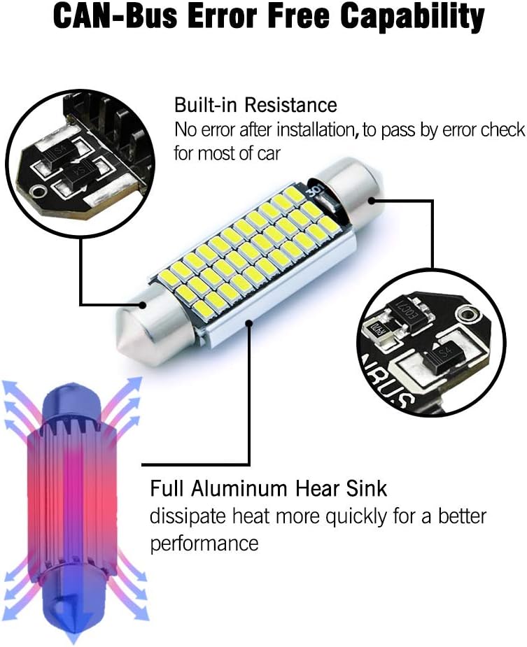 AUTOGINE أوتوجين 4 قطع لمبات LED خالية من أخطاء CAN-Bus 211-2 212-2 569 578 فستون 41 مم / 42 مم 1.72 بوصة أبيض زينون - Image 5