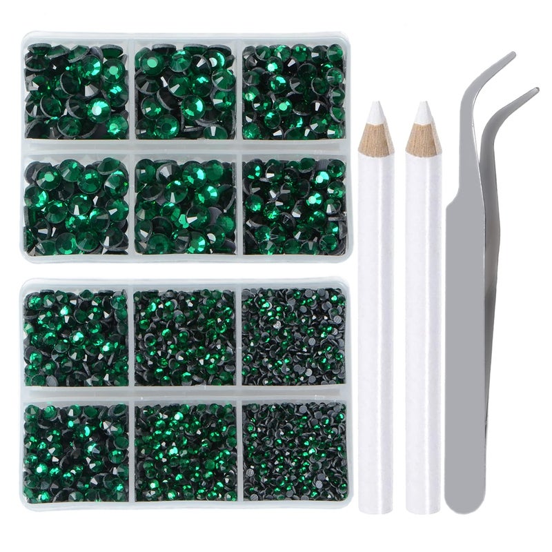 LPBeads 6400 Pieces Hotfix Rhinestones Emerald Flat Back 5 Mixed Sizes Crystal Round Glass Gems with Tweezers and Picking Rhinestones Pen