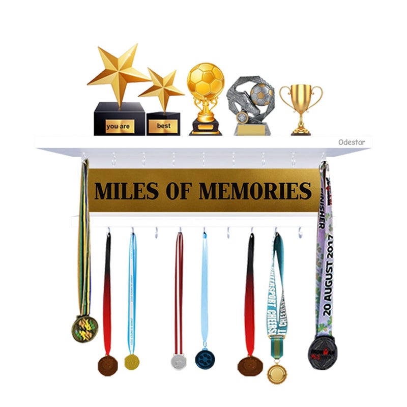 Odestar - Wooden Medal Holder Hanger Award, Medal Display Rack & Trophy Shelf Wall Mounted | Miles of Memories |Engineered Wood with 18 - Hooks (Size ‎40 x 5 x 8 Centimeters) White - Image 2